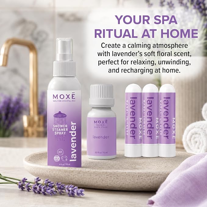 MOXE Lavender Aromatherapy Gift Set, 100% Pure Essential Oil, Shower Steamer Spray, Portable Nasal Inhalers, Diffuser Essential Oil, Sinus & Congestion Relief, Therapeutic Grade, Made in USA