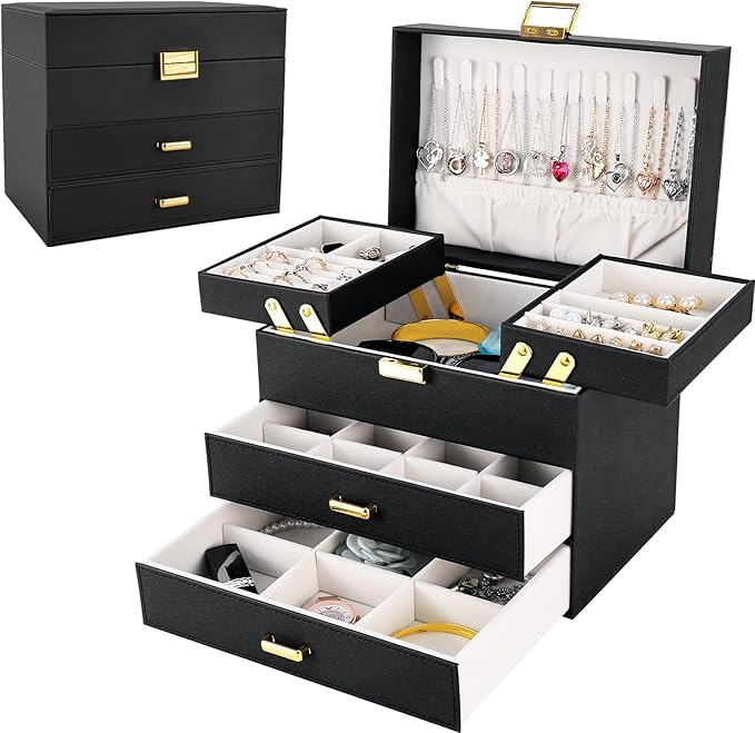 Jewelry Organizer Box, Large Jewelry Boxes for Women Girls, Space-Saving 4 Layers Jewelry Storage Case with Drawer, Movable Metal Stand, Modern, Gift Idea (Black + Gold)
