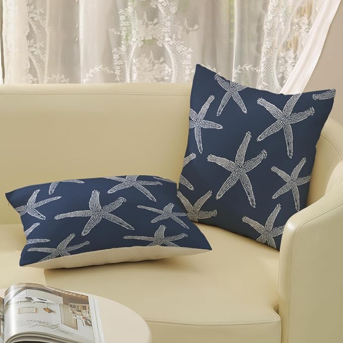 Navy Blue Starfish Pillow Covers 18x18 Inch Set of 2 Coastal Throw Pillows Summer Nautical Ocean Theme Decorations Beach Pillowcase Linen Outdoor Decor Farmhouse Cushion Case for Home Bedroom