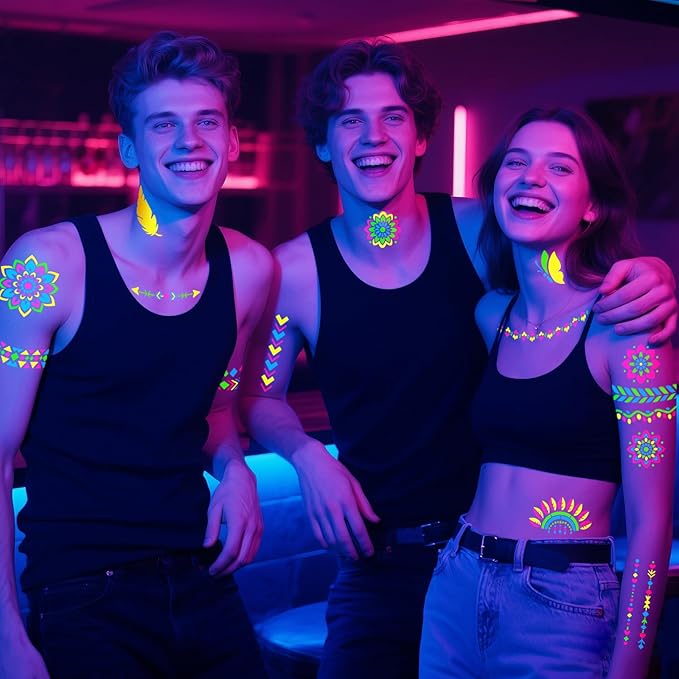 Glow in the Dark Face Paint Markers, UV Neon Body Paint Pen 4-Color + 8 Sheet Mandala Flower Bohemia Tattoos Stencils for Adult Teen Kid, Glow Party Nightclub Birthday Festival Christmas Washable