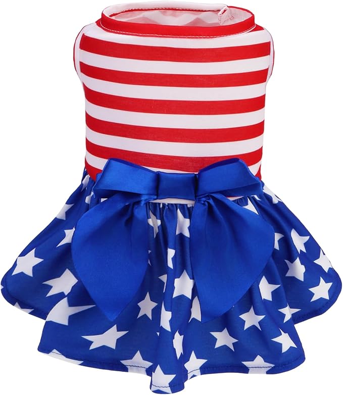 PUPTECK Print Dog Dress with Bow 4th of July Outfit Puppy Clothes XS | Flag Stars and Stripes Patriotic Outfits Apparel Costume for Celebration Holiday Party Photoshoot Puppy Doggie Pet Clothes