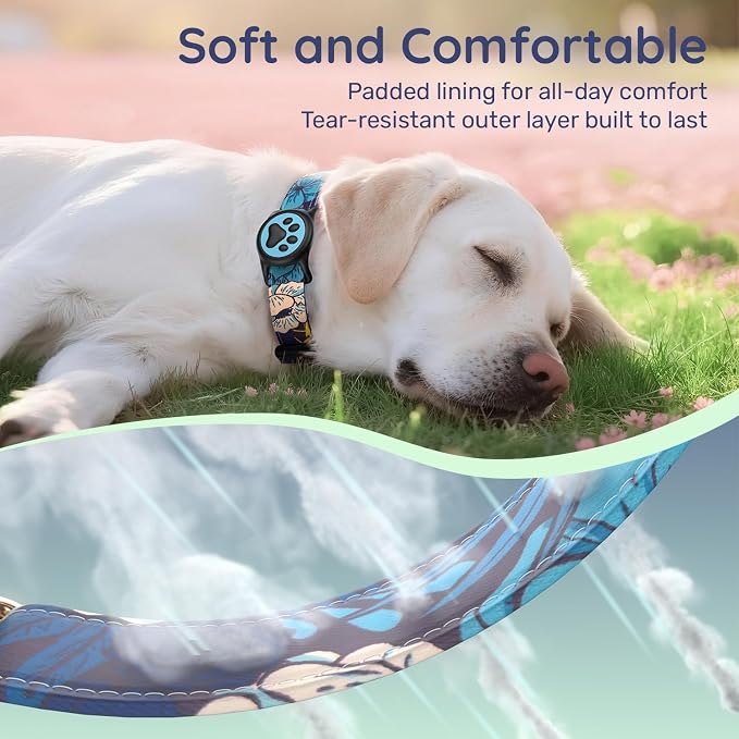Airtag Dog Collar,with Waterproof airtag Holder，Original Stylish Cute Pattern Design.QR Code ID Buckle，Comfortable Soft Cotton for Small Medium Large Dogs