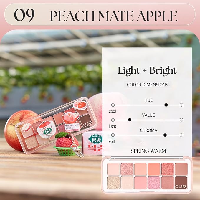 CLIO Pro Eye Palette Air, 12-Color Eye Shadow Palette, Matte Shimmer Mix, Air-Fit Blendable Pigmented Buildable Color, Low Fallout, Peach Coral Neutral Tone, Daily Korean Makeup (09 PEACH MATE APPLE)