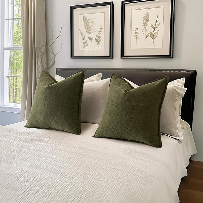 MIULEE Pack of 2 Olive Green Decorative Chenille Pillow Covers 20x20 Inch | Soft Couch Throw Pillows,Farmhouse Cushion Covers with Elegant Design for Sofa,Bedroom,Living Room,Spring Home Decor