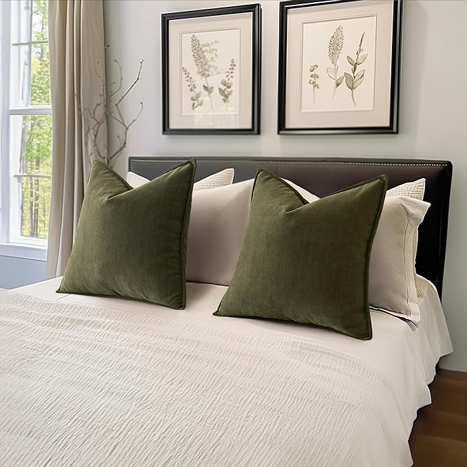 MIULEE Pack of 2 Olive Green Decorative Chenille Pillow Covers 16x16 Inch | Soft Couch Throw Pillows,Farmhouse Cushion Covers with Elegant Design for Sofa,Bedroom,Living Room,Spring Home Decor