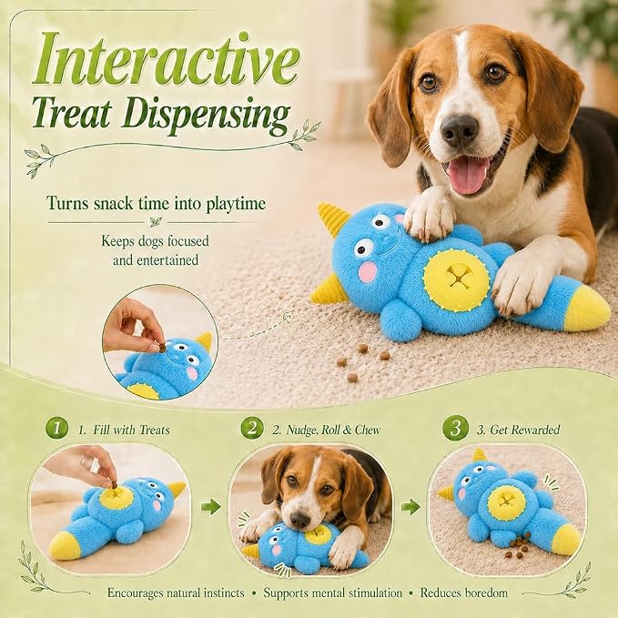 Cute Monster Plush Dog Chew Toy – Squeaky Ball, Crinkle Paper & Treat Dispenser, Washable Interactive Stuffed Toy for All Breeds, Relieves Boredom & Anxiety(Blue