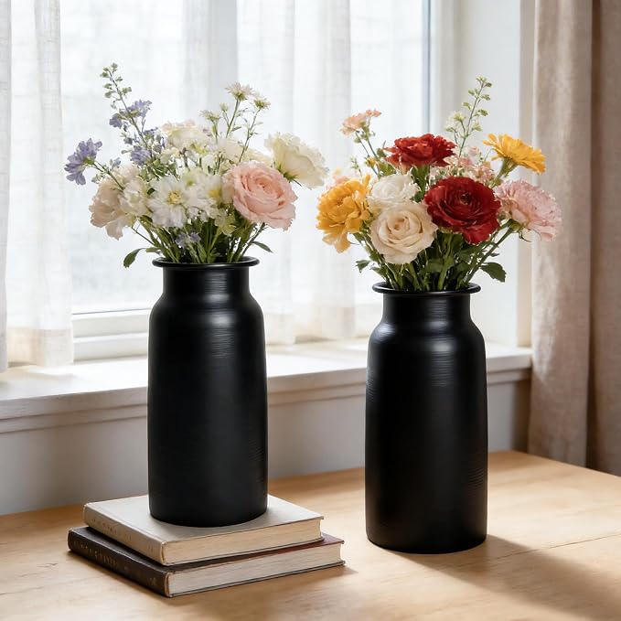 Set of 2 Black Seamless Wide Mouth Metal Flower Vase, 10.8" Tall Modern Matte Black Floral Vase Pair, Shatterproof Leakproof, Industrial Home Decor Centerpiece for Table, Mantle, Shelf