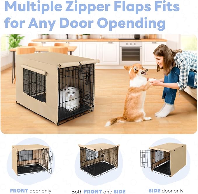 Seiyierr Dog Crate Cover - Kennel Cover Fit for 48 Inch Dog Crate, Double Door Polyester Crate Cover for Wire Dog Crate Indoor Outdoor Protection, Light Tan