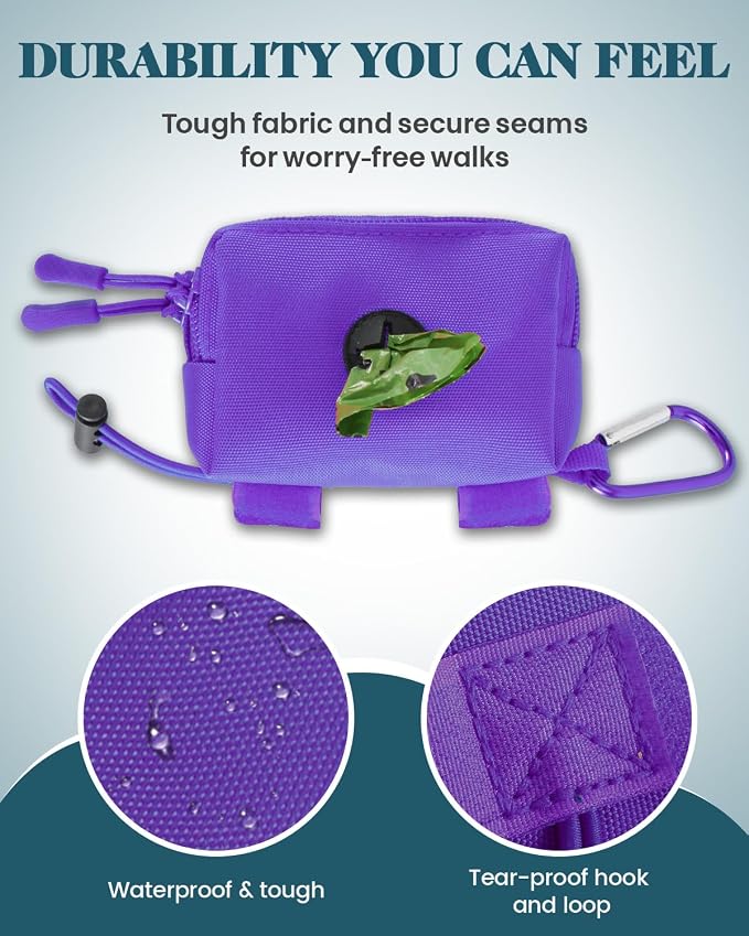 Dog Poop Bag Holder for Leashes, Purple Doggie Waste Bag Dispenser and Treat Holder, with Carabiner Hook and Poop Bag Clip, Used Waterproof Wear-Resistant Fabric and 2 Zippered Pouches for Walking