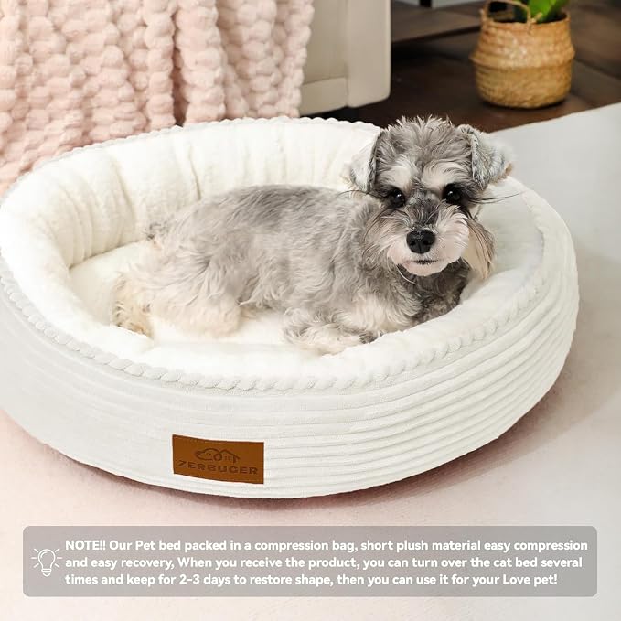 Zerbuger 20in Cream Round Dog Bed Sofa for Dogs Cats, Machine Washable | for Small/Medium/Large Dogs Cats, Foam Pet Couch with Removable Mat Non-Slip Bottom, Pet Cuddler for Indoor/Outdoor/Car/Cage