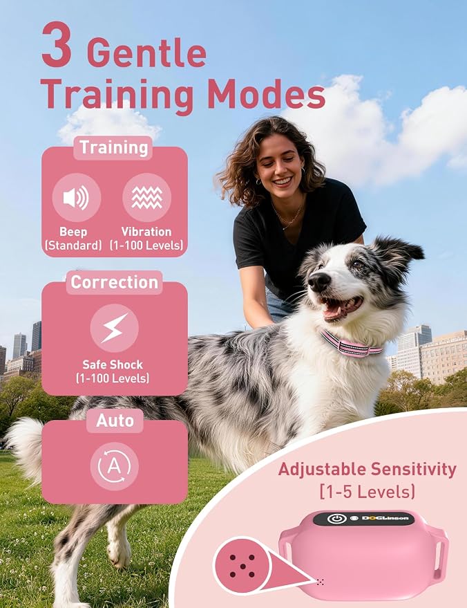 2-in-1 Bark and Shock Collar for Dogs, Automatic Bark Collar | Smart Anti Barking Dog Training Collar with 5 Adjustable Sensitivity, Vibration, Beep, Shock and Automatic (Pink)