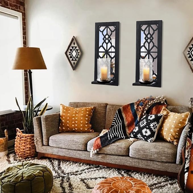 ZEXUIRU 2 Set Rustic Candle Sconces Living Room Bedroom Entryway Wood Mirrored, Farmhouse, Carved Frame Wall-Mount Wooden Candle Holders Wall Decor Hanging Handmade Holder - Black