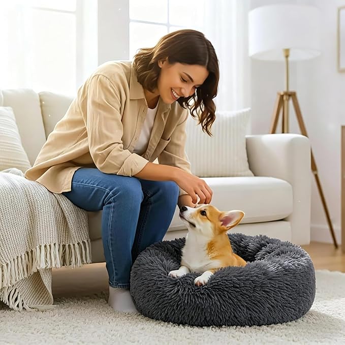 Calming Extra Large Donut Dog Bed, Anti-Anxiety Round Soft Fluffy Plush Faux Fur Washable Anti-Slip Pet Bed for Medium Dogs Up to 45 lbs 32in Darkgray