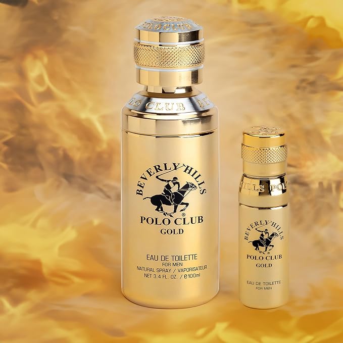 Beverly Hills Polo Club Gold Men's Eau De Toilette Cologne Bonus Pack - Captivating, Long-Lasting Fragrance for Him - 3.4oz Full Size + 0.5oz Travel Spray Set