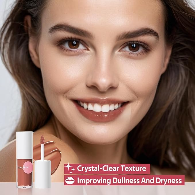 bayfree Hydrating Tinted Lip Oil, Korean Lip Gloss with High Shine & Pigmented Color, Lightweight Non-Sticky Formula for Dry Lips, Vitamin E Enriched for All-Day Moisturizing, Vegan & Cruelty-Free