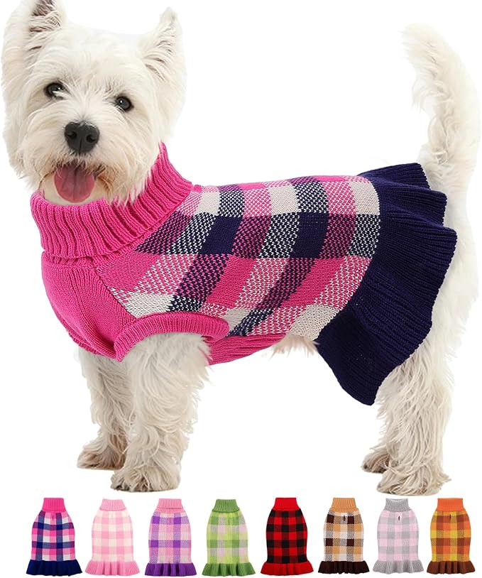 Dog Sweater Dress Plaid Knitwear for Small Medium Dogs Warm Puppy Pet Turtleneck Stretch Pullover Cute Fall Winter Vest Clothes with Leash Hole for Christmas (Navy, 2XS)