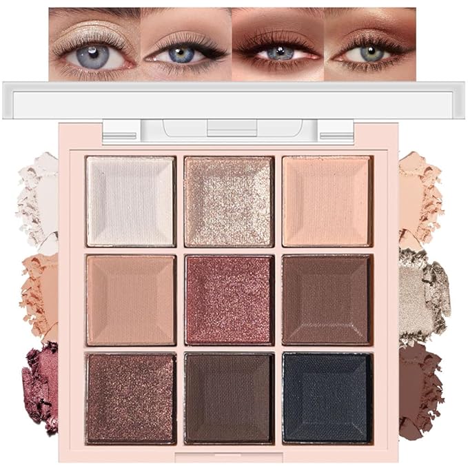 9 Colors Smoky Matte Shimmer Eyeshadow Palette for Women, Nude Rose Gold Light Medium Gray Wine Brown Purple, High Pigmented Primers Powder Palet de sombras de ojos (9 Colors-Rose Gold Nude)