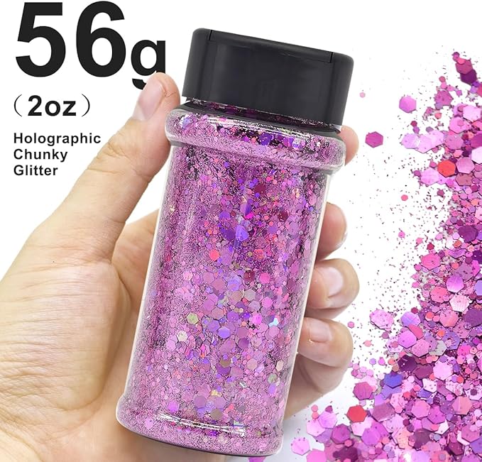 Electric Bliss Beauty - Ultra Pink Holographic Craft & Beauty Glitter - 2oz/56g - 24 Colors - Cosmetic Grade - Easy-Pour Shaker Jar with Dual-Flip Cap
