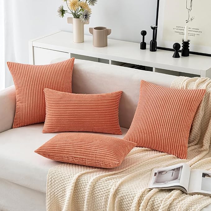 MIULEE Decorative Corduroy Throw Pillow Covers Set of 2 16x16 Coral Red | Soft Striped Textured Cushion Cases, Boho Square Lovely Cute Pillowcases, Home Decor for Couch Chair Sofa Bed Living Room