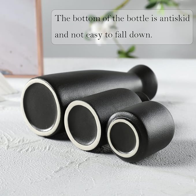 CEMABT Black Ceramic vase Set-3 Small Flower vases for Decor,Modern Boho Farmhouse Home Decor,Decorative vase for Pampas Grass&Dried Flowers,idea Shelf,Table,Bookshelf ，Entryway- Distressed