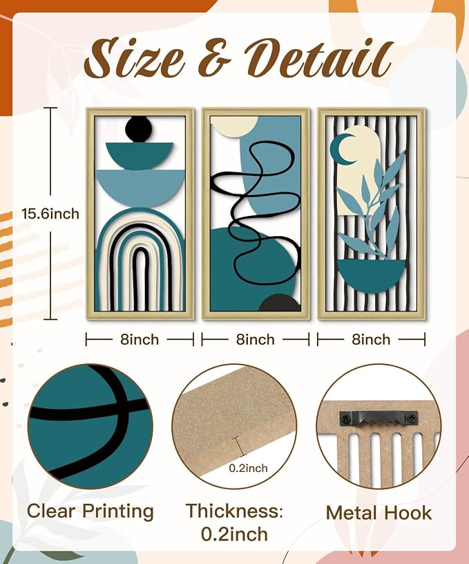 Putuo Decor Boho Wall Art Set of 3 Modern Minimalist Wooden Wall Decor Abstract Geometric Room Decorations Mid Century Artwork for Living Room Bedroom Office in Blue Tones 16.5 x 8.6 Inch