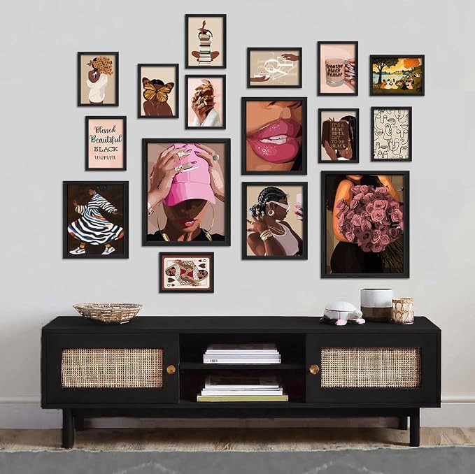 ANERZA 16 PCS Black Girl Wall Art Decor, African American Gallery Wall Prints for Bedroom, Black Woman Posters for Living Room Aesthetic, Black People Collage Kit Pictures, Pink and Black Dorm Home Decor