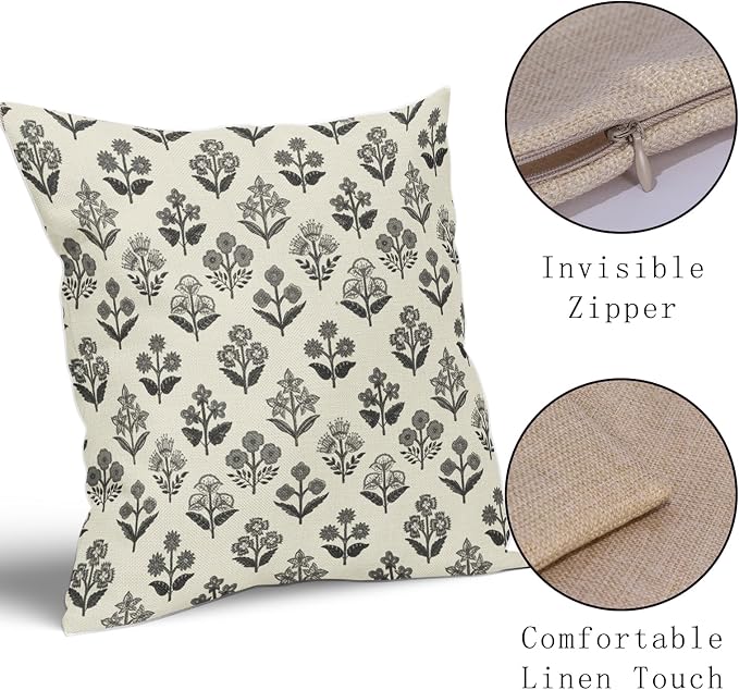 Black Grey Gray Block Print Pillow Covers 16x16 Inch Set of 2, Vintage Floral Decorative Throw Pillow Cases Boho Cushion Covers Rustic Decoration Gift Farmhouse Sofa Couch Bed Decor