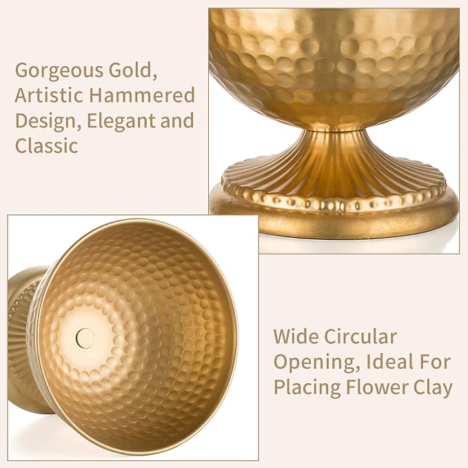 Sziqiqi Gold Urn Vase for Flowers, Wedding Table Compote Vase, 4.3in, 10Pcs | Hammered Vintage Urn Vase, Wedding Table Decoration Centrepieces Set, For Artificial Flowers,Party, Home Decor, Anniversary