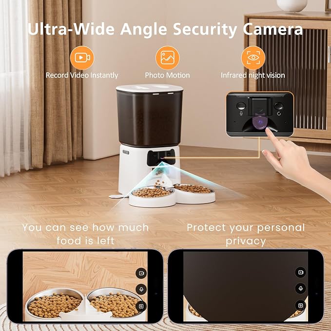 Petrice Automatic Cat Feeder with Camera for 2 Cats, 6L WiFi Smart Pet Feeder with APP Control, 1080P HD Video, Voice Call, Motion Detection, Dual Power Supply, for Dogs Cats, Small-Pet (White, 6L)