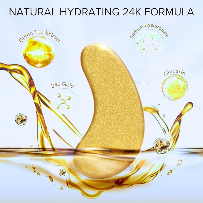 Under Eye Masks - Hydrating Eye Patches for Puffy Eyes & Wrinkles - Anti-Aging, Brightening, Vegan & Clean Beauty - Reduce Undereye Bags & Dark Circles for Women & Men - 20 Pairs (Gold)