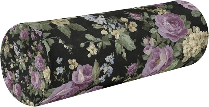 Vintage Purple Roses Neck Roll Pillow Bolster Round Health Memory Foam Long Cervical Cylinder Pillows with Removable Washable Cover for Body Bed Legs Back Yoga