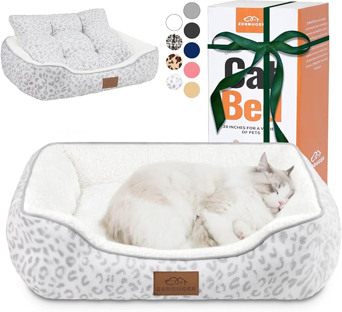 Zerbuger 25in White Leopard Rectangle Cat Dog Bed Machine Washable Sofa | Sleeping for Large Medium Small Pets Indoor Outdoor, Non-Slip Bottom Soft Puppy Bed Durable Orthopedic Calming Pet Cuddler