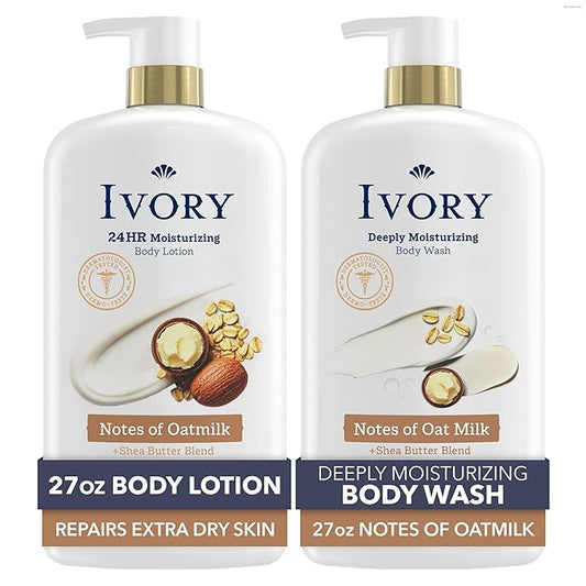 Ivory Hand & Body Lotion + Body Wash Bundle, Oatmilk Scent, 24hr Moisturizing & Nourishing Hydration, Repairs and Soothes Extra Dry & Itchy Skin, Made with Shea Butter Blend, 27 fl oz (Pack of 2)