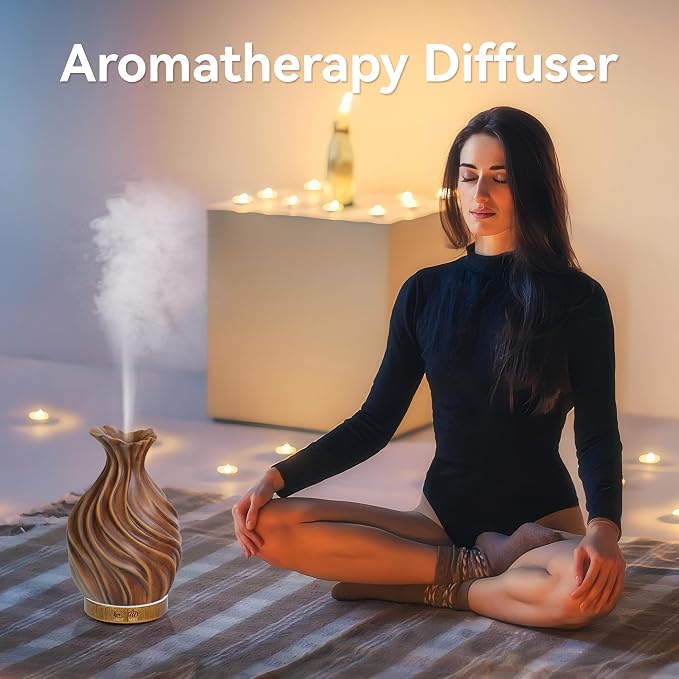 200ml Essential Oil Diffuser for Home, Wood Grain Cover Aromatherapy Diffuser, Cool Mist Humidifier with Safe Auto Shut-Off and 2 Mist Modes & 7 Color LED Night Lights for Office Room (VASE01)