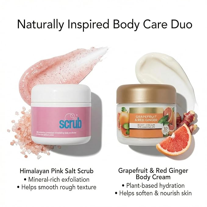Exfoliating & Hydrating Body Care Set, Himalayan Pink Salt Scrub and Grapefruit & Red Ginger Body Cream, Plant-Based Moisturizing Duo, Helps Exfoliate & Hydrate, Soft Smooth Skin Feel, Vegan
