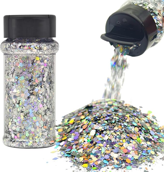 Silver Holographic - Craft Glitter - 2oz Glitter Shaker Bright Colorful Mix Chunky Body Glitter Bulk - 24 Colors in Shaker, Cosmetic Grade Glitter - EBKC23