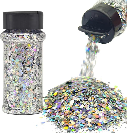 Silver Holographic - Craft Glitter - 2oz Glitter Shaker Bright Colorful Mix Chunky Body Glitter Bulk - 24 Colors in Shaker, Cosmetic Grade Glitter - EBKC23