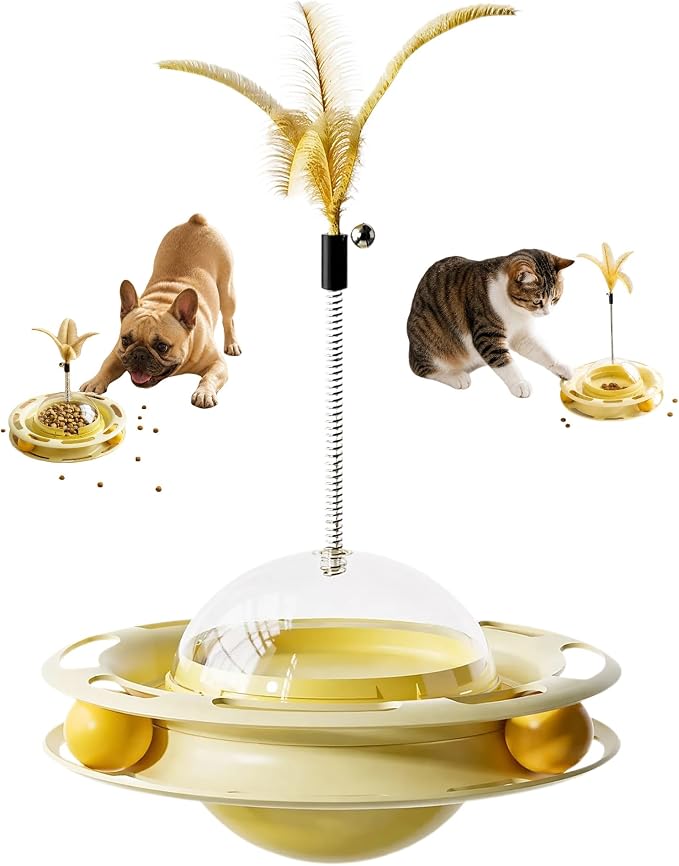 JINTONE Cat Tumbler Toy, UFO Interactive Cat Toy with Rotating Track Ball and Feather Wand, Indoor Enrichment Toy for Kittens and Adult Cats, Treat Dispenser Included