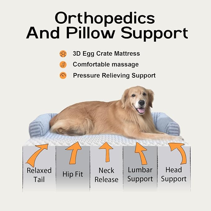 Orthopedic Washable Dog Bed with Bolster for Medium to Large Dogs | Pillow Support for Neck Relief, Egg Crate Foam, Waterproof Liner, Anti-Slip Bottom, Removable Bolster Cover, 36 x 27 Inch