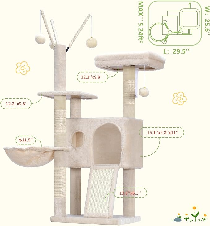 Hey-brother Cat Tree Tower with Removable Toys, Scratching Posts, MPJ008SM | 41.3 Inches Plush Cozy Condo with Platform, Hammock, Sisal Scratch Board and Ball for Indoor Cats, Beige