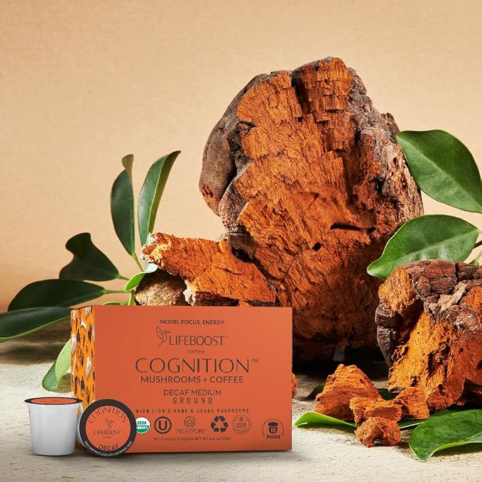 Lifeboost Cognition Decaf Mushroom Coffee Pods – Organic Low Acid Decaf K-Cups with Lion’s Mane & Chaga Adaptogens – Nootropic Coffee for Focus, Energy & Immune Support – 10 Count
