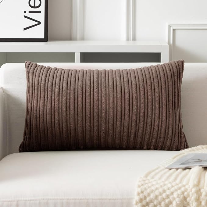 UGASA Fall Velvet 12x20 Inch Lumbar Soft Throw Pillow Covers Decorative Corduroy Striped Both Sides Solid Rectangular Cushion Cases Boho Farmhouse for Couch Bedroom Sofa Home, Pack of 2, Dark Brown
