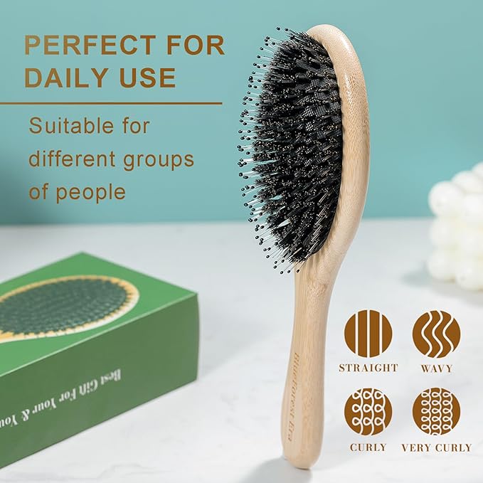 BlueForest Era Hair Brush, Boar & Nylon Bristle Hair Brushes for Women Men Kids, Natural Bamboo oval Paddle Handle Hairbrush for Wet or Dry Hair Adds Shine and Smoothing Massaging Detangling