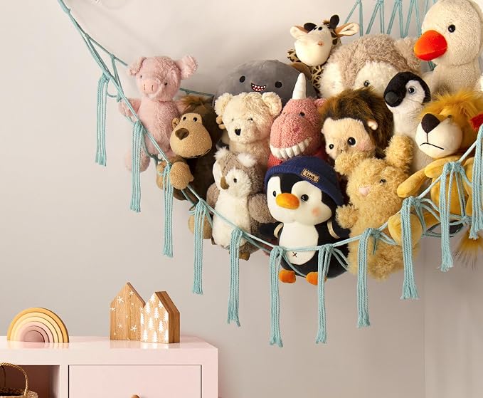 Stuffed Animal Hammock-Large Stuffed Animal Net For Toys Corner-Hanging Stuff Animal Toy Storage Organizer For Plush Plushie Display Light Blue Girl Room Bedroom Boho Nursery Decor Toy Storage