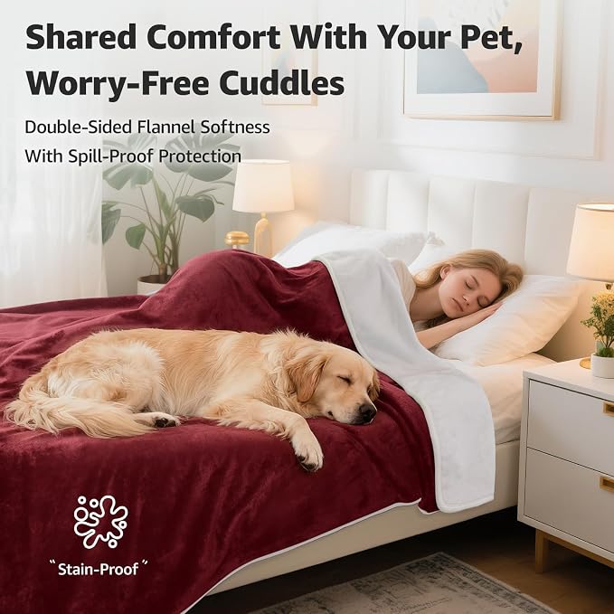 LOOBANI Waterproof Blanket for Queen Bed, Reversible Soft Flannel, 80"x90" | Waterproof Dog Blankets for Large Dogs, Spill-Proof Couch Cover for Family Movie Nights, Camping, Travel, Noise Free, Red