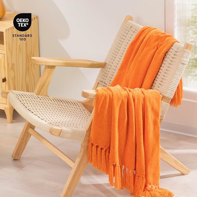 RECYCO Chenille Throw Blanket for Couch, 50"x60", Orange | Super Soft Knit Throw Blanket with Fringe Tassels, Lightweight Knitted Throw, Cozy, Ideal for Sofa Chair Bed Living Room Gift