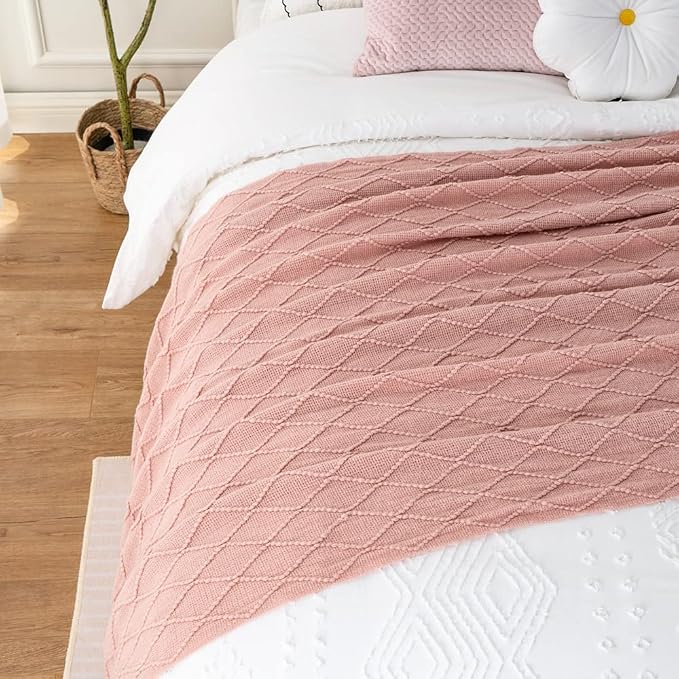 BATTILO HOME Blush Throw Blanket with Tassels, Pink Knit Blanket for Home Decor, Boho Style Textured Knitted Decorative Twin Blanket for Couch, Sofa &Bed, 52"x80"