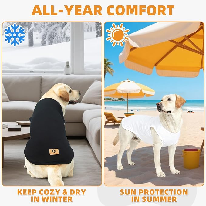 Large Dog Clothes for Boy Girl, 2 Pack Cotton Summer Dog T Shirts UV & Insect Protection for Outdoor Camping, Anti-Hair Loss Breathable Sleeveless Pet Vest Tank Tops Apparel, Black & White, L