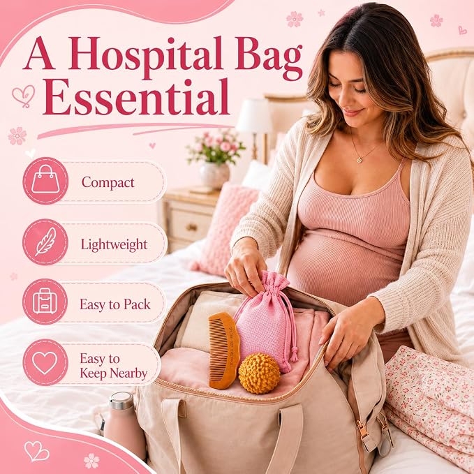 Birth Comb & Acupressure Massage Ball Set, Labor and Delivery Essentials | Wooden material, sensory focus, hospital bag essentials, mom-to-be gift