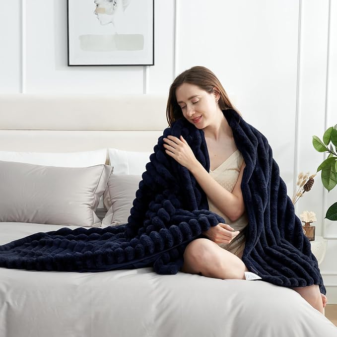 Faux Fur Throw Blanket for Couch, Cozy Fuzzy Fluffy Fur Luxurious Soft Striped Plush Gift Blankets for Family Sofa Chair Bedroom, 55"x70", Navy Blue
